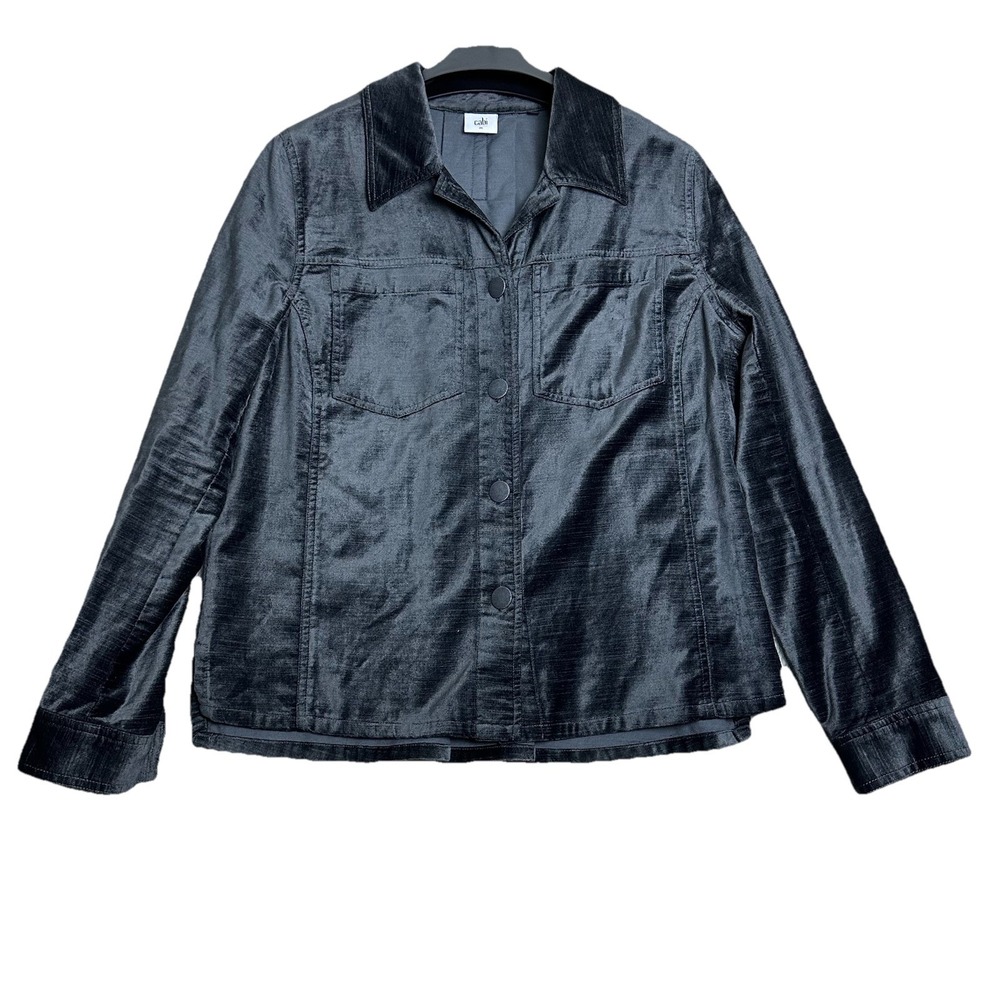 Cabi Women's Size‎ M Charcoal Gray Chic Velvet Finish Shirt Jacket Pleated Back